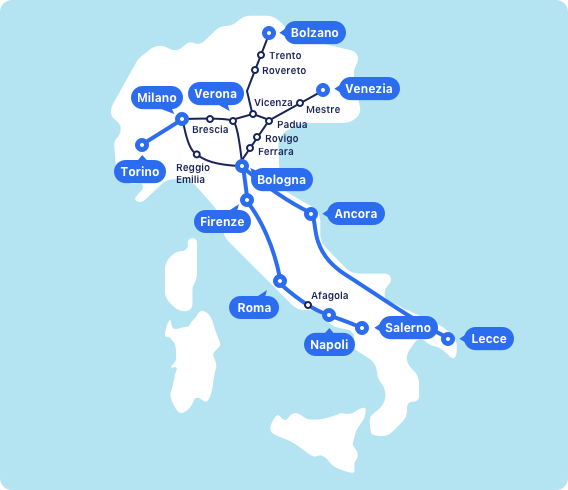 Mappa delle tratte ferroviarie in Italia