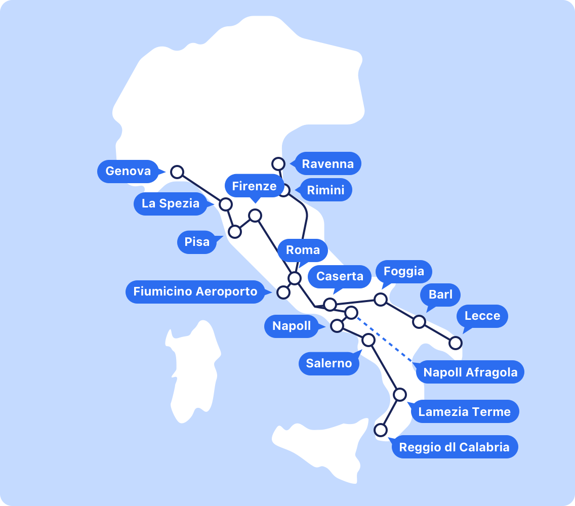 <h3>Treni Frecciargento (FA)</h3>
<p>I treni Frecciargento, gestiti da Trenitalia, sono una componente chiave della rete ferroviaria italiana ad alta velocità, progettati per offrire un perfetto connubio tra velocità e comfort con velocità massime di 250 km/h.</p>
<p>Questi treni sono dotati di servizi moderni per migliorare il comfort dei passeggeri, come posti a sedere spaziosi, prese di corrente e connessione Wi-Fi gratuita. I passeggeri possono scegliere tra prima e seconda classe, ognuna delle quali offre un diverso livello di comfort e servizi per soddisfare esigenze e budget diversi.</p>
<p>I treni Frecciargento collegano le principali città con regioni non direttamente accessibili tramite i più veloci Frecciarossa. Collegano destinazioni chiave come Roma, Bari, {Genoa}, Napoli e Reggio Calabria, facilitando l'esplorazione dei variegati paesaggi e del patrimonio culturale italiano.</p>