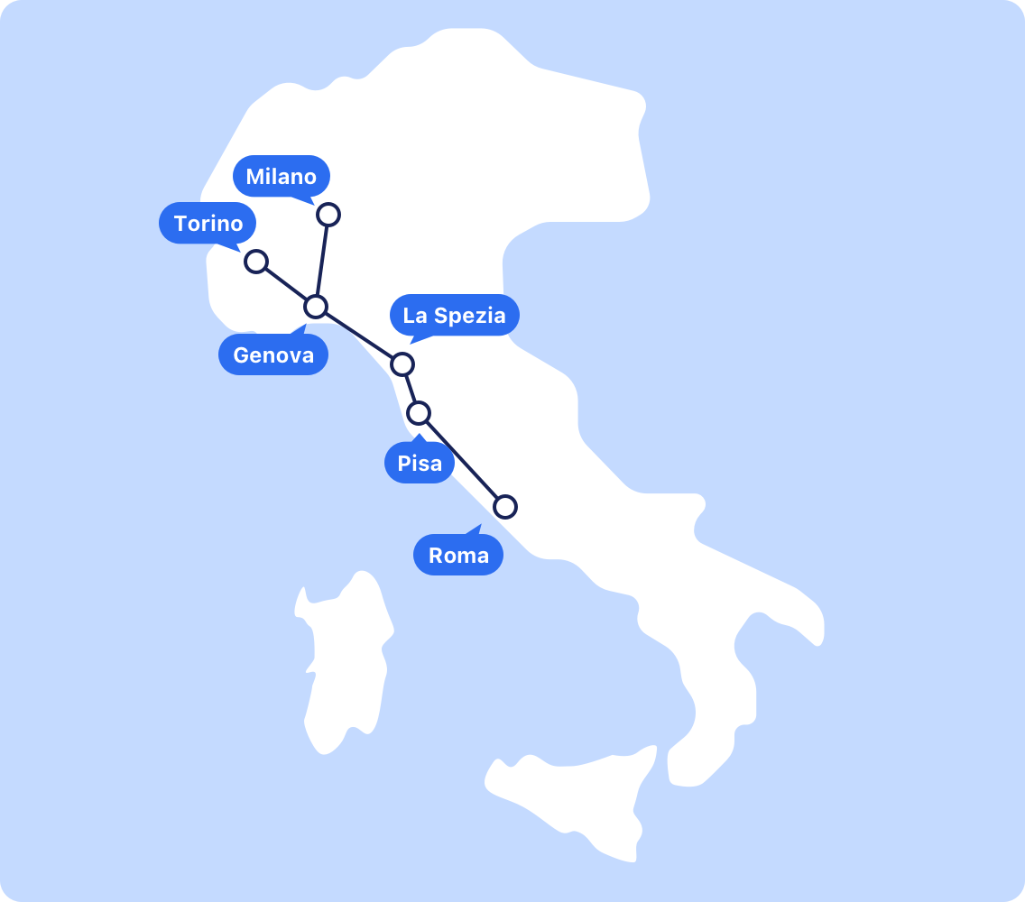 <h3>Treni Frecciabianca (FB)</h3>
<p>I treni Frecciabianca, gestiti da Trenitalia, sono una parte essenziale dei servizi ferroviari interurbani italiani e rappresentano una via di mezzo tra velocità, comfort e convenienza. Anche se non sono veloci come i treni ad alta velocità Frecciarossa o Frecciargento, i Frecciabianca possono comunque raggiungere velocità impressionanti di 200 km/h, il che li rende un'opzione affidabile per i viaggi a media e lunga distanza.</p>
<p>I treni Frecciabianca sono dotati di comodi posti a sedere con tavolini pieghevoli, prese di corrente, Wi-Fi e aria condizionata. I passeggeri di prima classe godono anche di un ambiente più tranquillo, ideale per il relax o il lavoro.</p>
<p>I treni Frecciabianca servono principalmente le tratte lungo la costa italiana e altri corridoi chiave, collegando le principali città e regioni che la rete ad alta velocità potrebbe non coprire. Le destinazioni principali includono Roma, Pisa, La Spezia, Genova e Milano. Questa vasta rete consente ai viaggiatori di esplorare facilmente e comodamente le pittoresche aree costiere e i monumenti dell'Italia.</p>