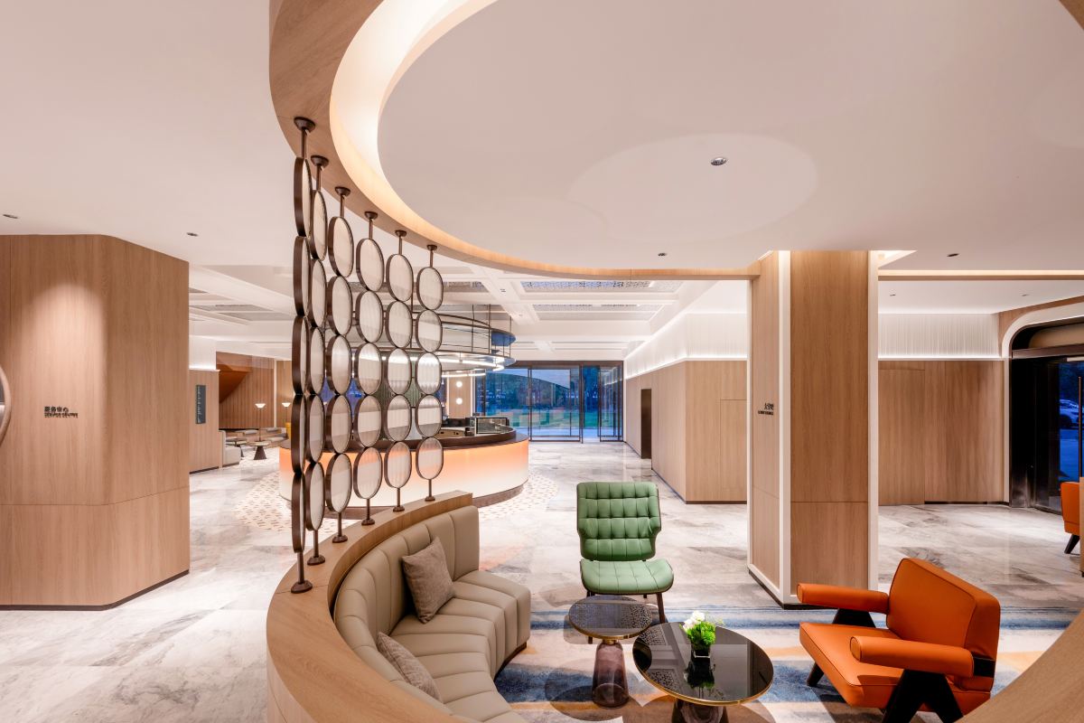 A contemporary hotel lobby in Shanghai