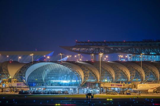 Suvarnabhumi Airport terminal at night, near Bangkok hotels for early flights