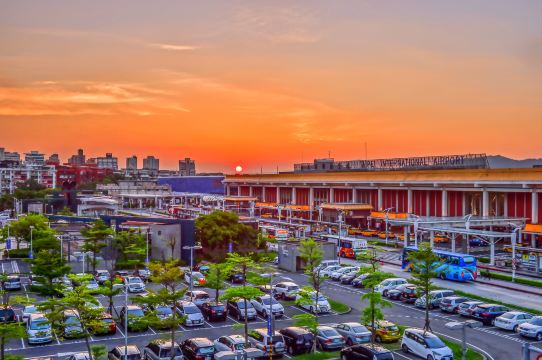 Songshan Airport terminal at sunset, the closest airport to Taipei hotels in the station district