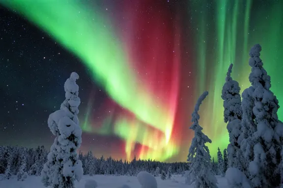 北歐夜空的北極光,綠帶在雪原上展開 北歐夜空的北極光,綠帶在雪原上展開