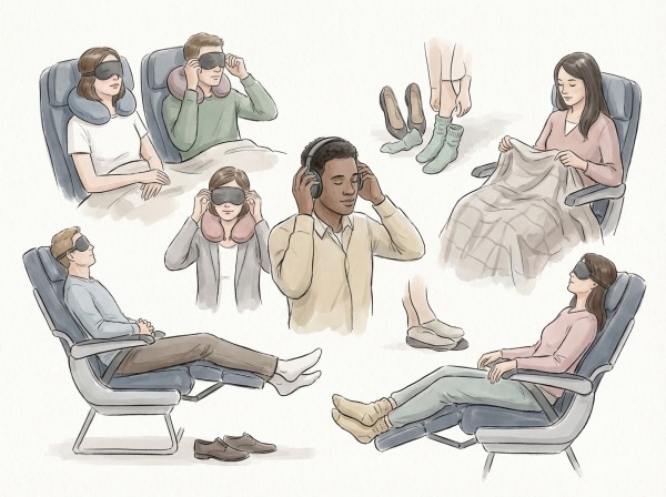 機内快眠準備のイラスト