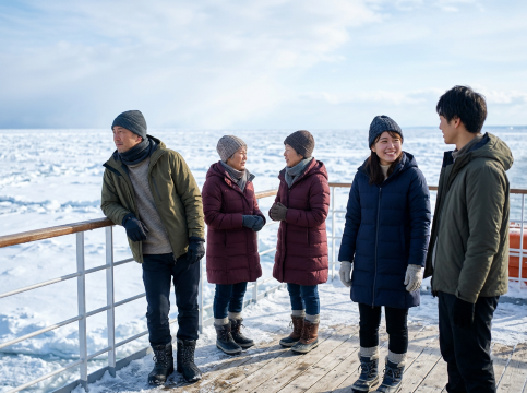 流氷船上の観光客