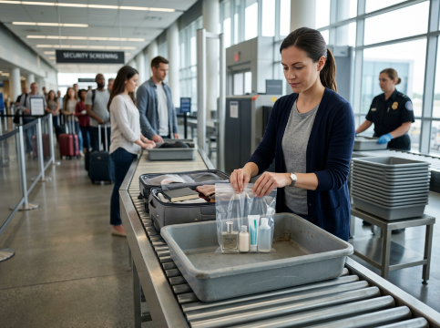 traveler taking out packed perfume for airport security.