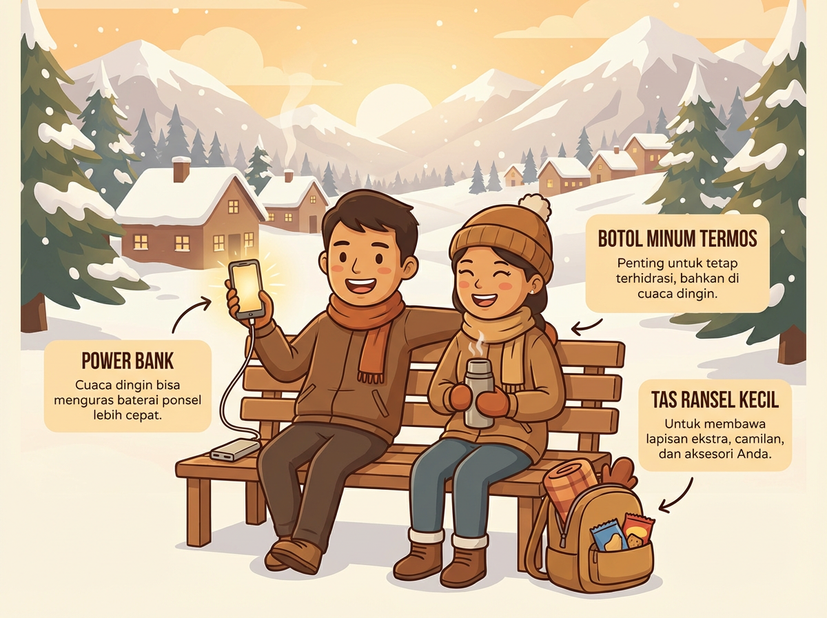 Aksesori Perjalanan
Power Bank: Cuaca dingin bisa menguras baterai ponsel lebih cepat.
Botol Minum Termos: Penting untuk tetap terhidrasi, bahkan di cuaca dingin.
Tas Ransel Kecil: Untuk membawa lapisan ekstra, camilan, dan aksesori Anda.