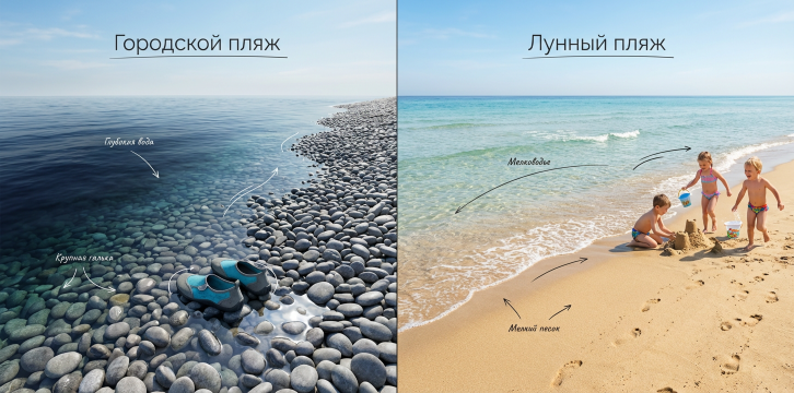 Городской и лунный пляжи.