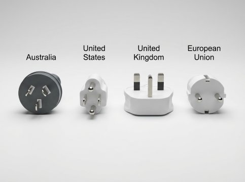 Four plugs: AU, US, UK, EU.