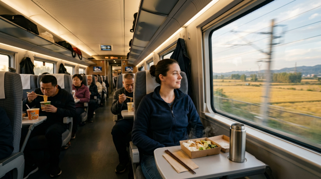 Traveller eating a boxed meal by the window on a Chinese high-speed train.