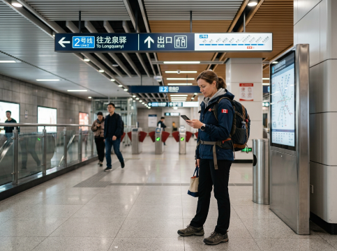 Tourist Using Phone in Chengdu Metro