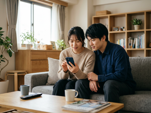 スマホでホテル予約中のカップル