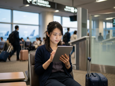 空港でスマホを見る女性