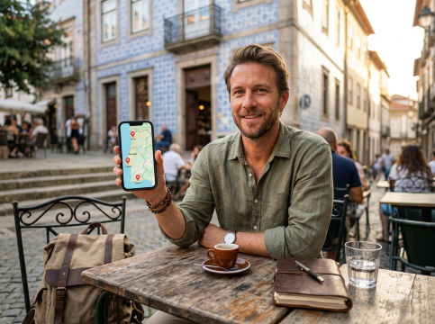 Traveller in cafe checking map with Portugal eSIM