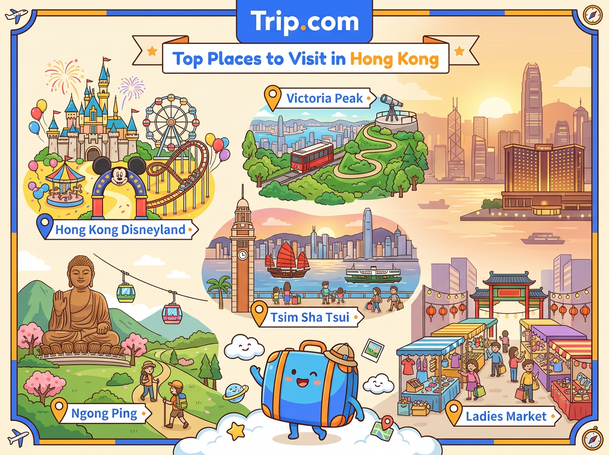 Hong Kong
Top places to visit
• Hong Kong Disneyland
• Victoria Peak
• Tsim Sha Tsui
• Ngong Ping
• Ladies Market