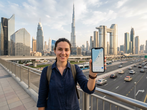 Traveler, eSIM smartphone, United Arab Emirates Dubai.