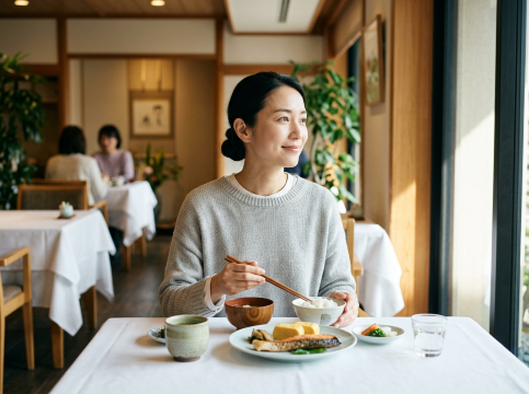 ホテル朝食の女性