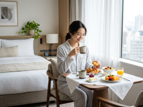 ホテル朝食の女性