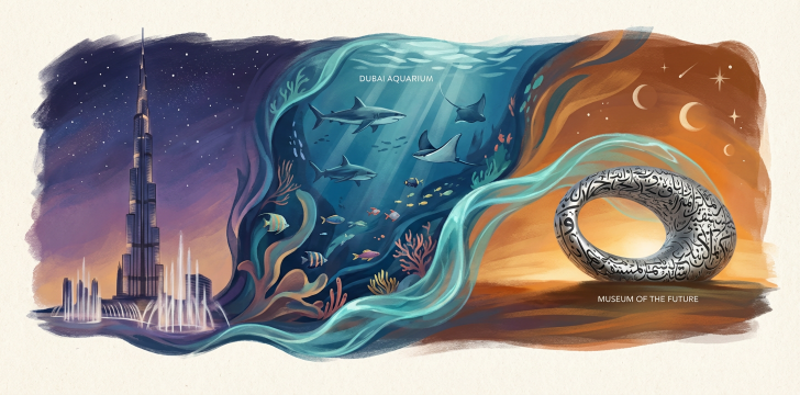 Сюрреалистическое слияние достопримечательностей Дубая.