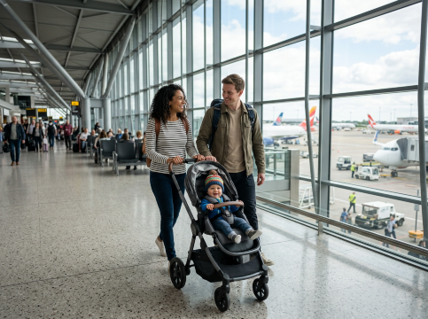Family at airport planning to bring Stroller on Plane