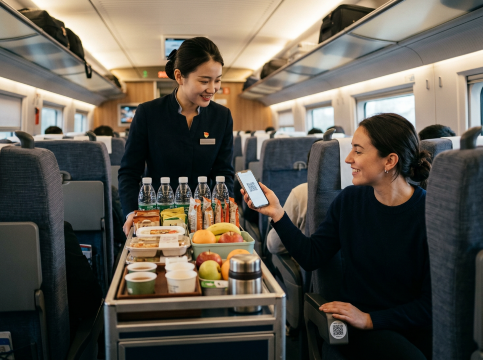 Traveller using a QR code while a snack trolley passes through a Chinese train.