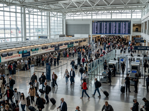 Busy Canada airport terminal with travelers bringing Batteries on Plane