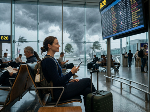 台風時の空港旅行者