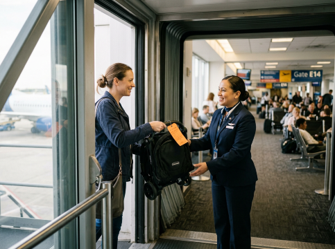 Mother Hands Stroller to board plane