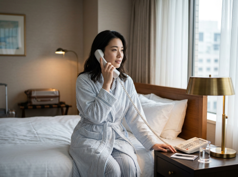 ホテルで電話する女性