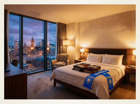 Cosy modern hotel room in Manchester city centre with skyline view