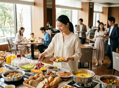 朝食ビュッフェの女性