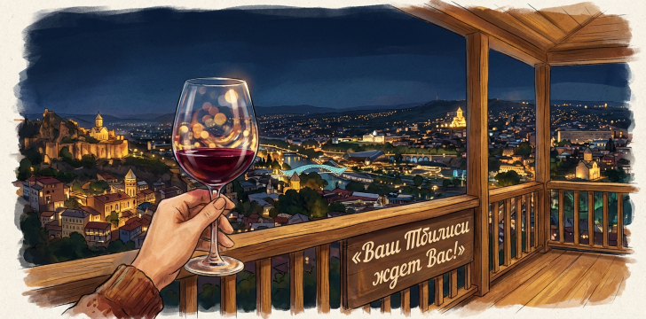 Вид на Тбилиси с бокалом.