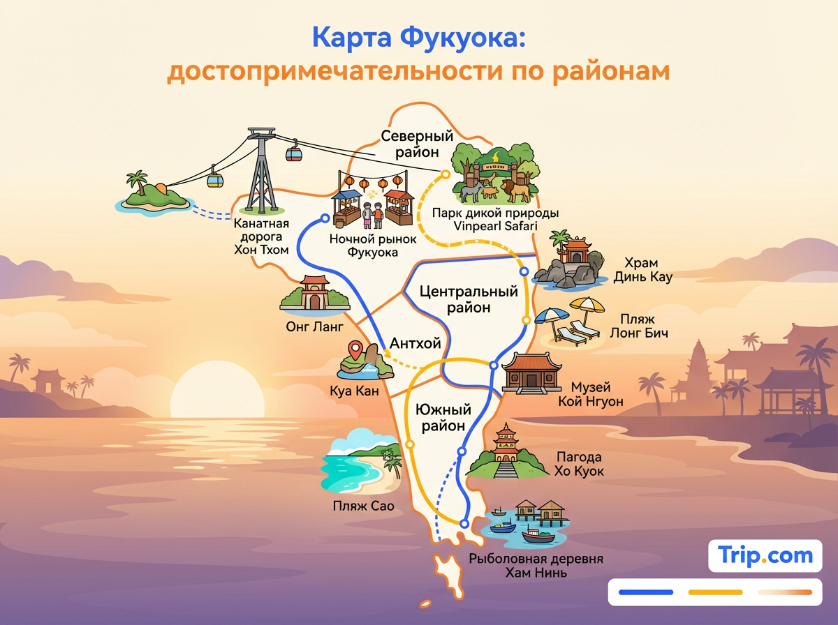  карта фукуок с достопримечательностями по районам. Убрать заголовок